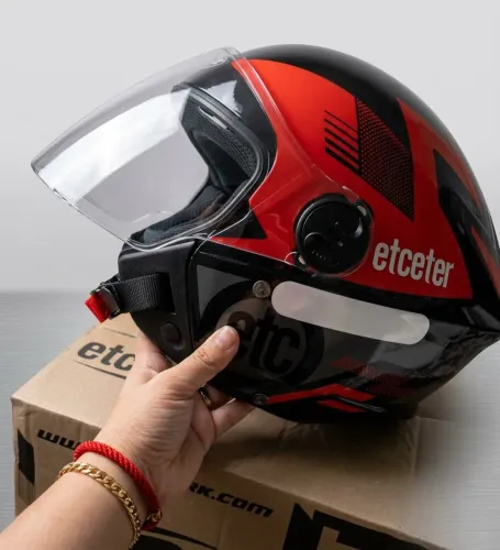 Capacete Aberto Moto Detalhes Preto/Vermelho Viseira Cristal Selo Inmetro Tamanhos 58 e 60