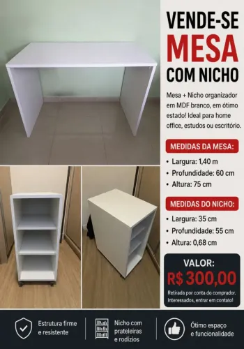 Mesa Home Office MDF Branco + Nicho com Rodízios