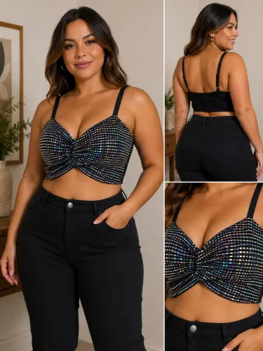 Cropped Top Preto com Brilho Tam M