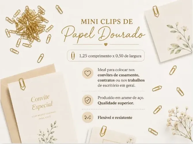 200 Mini Clipes Nr.5 Dourado Clips de Papel - Convite
