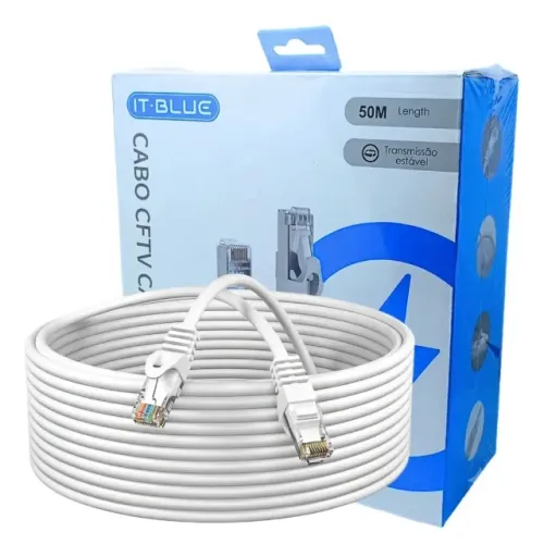 Cabo de Rede Ethernet CAT6 50 Metros RJ45 IT-BLUE LE-318 Gigabit Conector Reforçado Ouro p