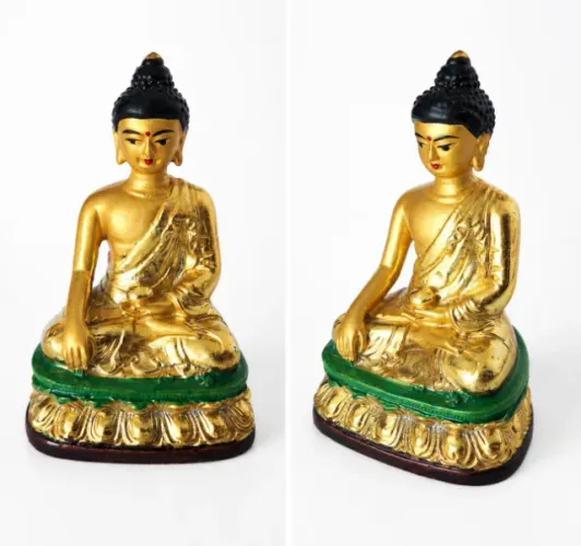 Buda Dourado Decorativo Base Verde Estátua Para Decoração