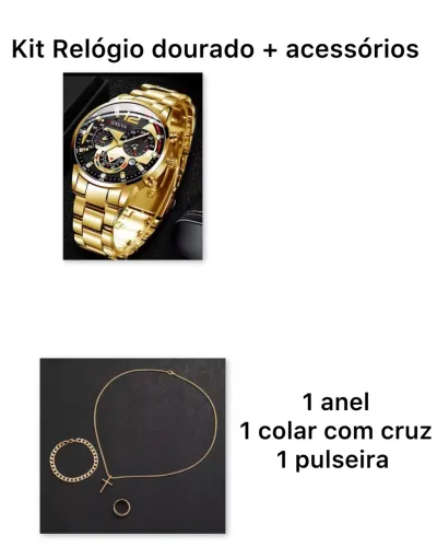 Relógio Quartzo dourado com 4 acessórios