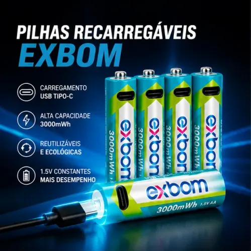 Pilha AA Recarregável USB de Lítio 1,5V com Porta USBC Cartela 4 Unidades