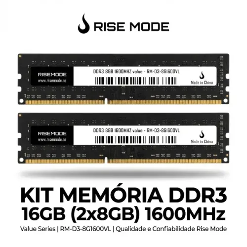KIT Memória RAM 16GB (2x8GB) DDR3 1600MHz Risemode CL11 (RM-D3-8G1600V)
