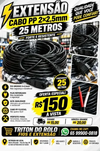 Extensão Cabo PP 2×2.5 mm Flexível 25 Metros