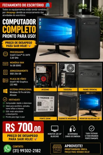 Computador Completo i5, 16GB RAM, SSD 256GB + Monitor 20" - R$ 700