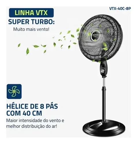 Ventilador Coluna MONDIAL 40cm, Preto/Prata | Turbo 8 Pás, 220V, 140W, VTX-40C-8P