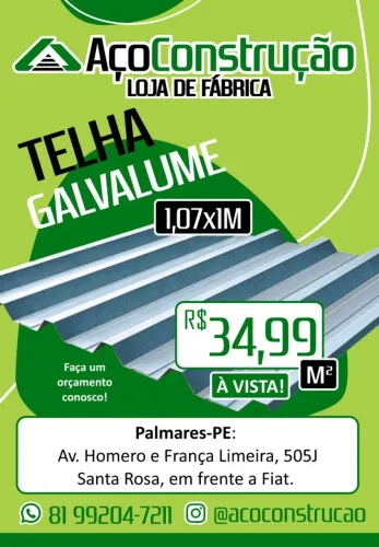 PROMOÇÃO TELHA GALVALUME R$34,99M² à VISTA