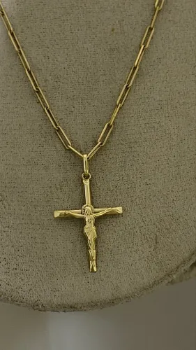 Corrente Cartier Chanfrado + Pingente Crucifixo com Jesus Cristo - Ouro 18k