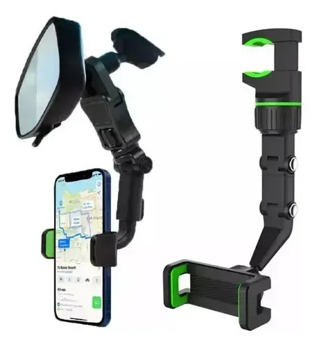 Suporte de Celular Articulado 360º para Retrovisor e Mesa (Preto/Verde)<br>