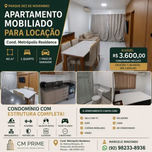 ? Apartamento Mobiliado para Locação - Cond. Metrópolis Residence, 1 suíte