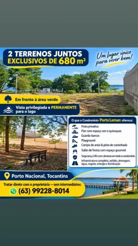 Exclusividade! 2 terrenos juntos 680m2 - Condomínio Porto Leman, em Porto Nacional - TO.