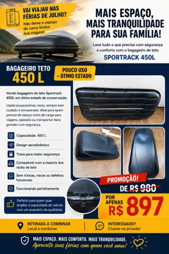 Bagageiro Teto 450 L - Sportrack - Pouco Uso - Ótimo Estado