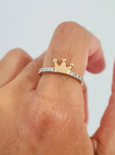 Anel Coroa aro Zircônias Prata c/ Banho Ouro