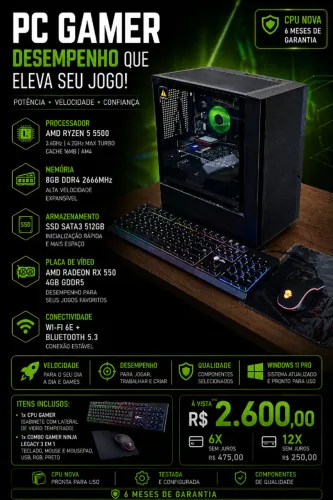 Computador Cpu Amd Ryzen 5 5500 4.2ghz Cache 16mb | 8Gb DDR4 2666 | 512gb SSD | Wi-Fi 6e