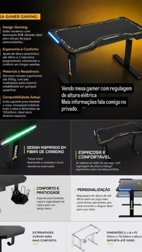 Mesa gamer preta com regulagem de altura automática mouspad e RGB