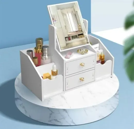 Mini Penteadeira de Mesa Organizador de Cosméticos com Espelho e 2 Gavetas