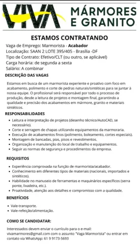 Vaga para acabador em marmoraria