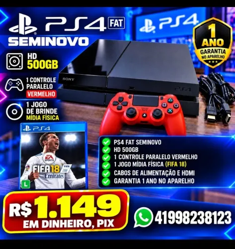 PS4 FAT SEMINOVO,1 CONTROLE,1 JOGO, GARANTIA 1 ANO, LOJA