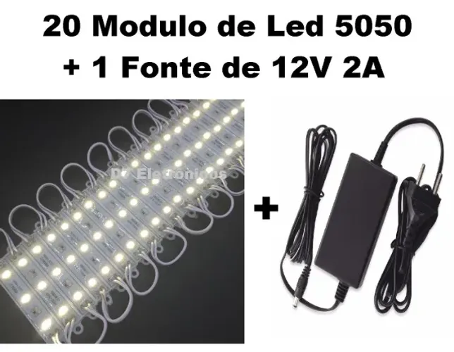 20 Módulo de LED 5050 3-led 12v Branco Frio 2 Metros Linear + Fonte 12v 2a