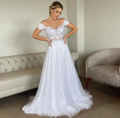 Vestido Noiva Rendado Ombro a Ombro - P ao GG