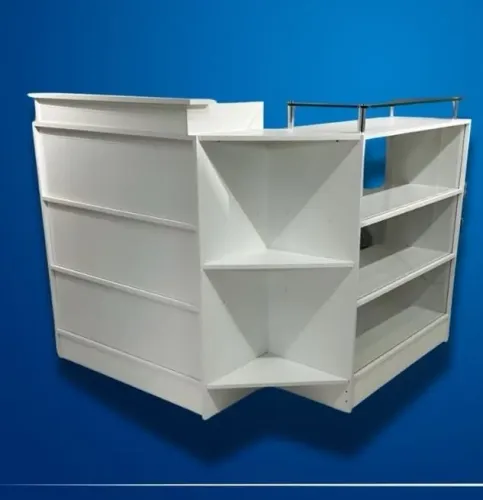 BALCÃO CAIXA + EXPOSITOR COM TAMPO DE VIDRO EM L MDF 