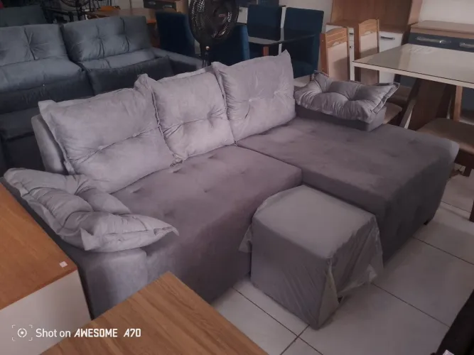 Sofá 3 lugares com chaise cinza entrega grátis
