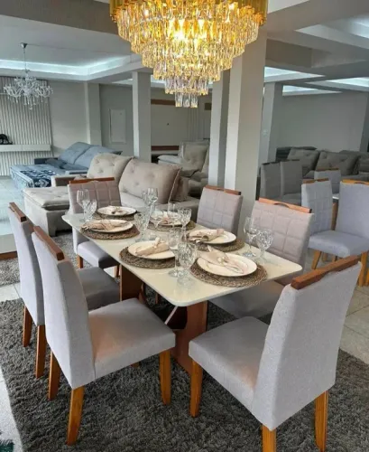 Mesa de Jantar Mel Madri Vidro Off 160×80 6 Cadeiras Madeira Maciça- Pague na Entrega