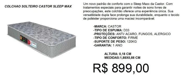 Colchão Solteiro Castor D33 - Entrega inclusa