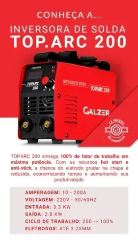 INVERSORA DE SOLDA GALZER TOP ARC 200 AMPERES 220V 