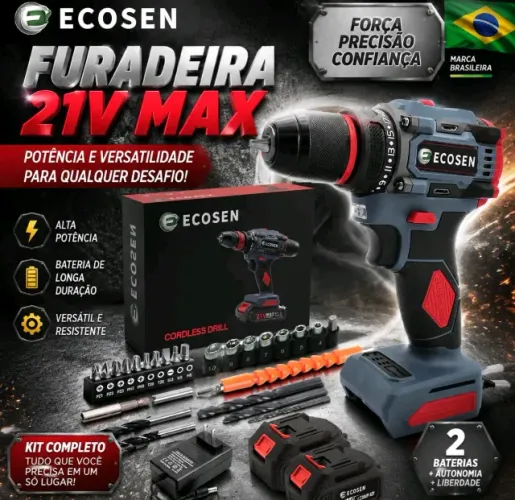 Furadeira de Impacto 21V Max Ecosen + Kit Completo e 2 Baterias
