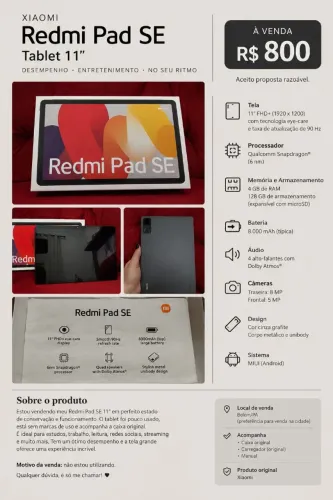 Redmi Pad SE 11? 128GB - Pouquíssimo Usado, Impecável