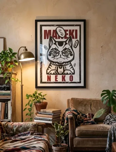 Quadro Com Moldura Maneki Neko Gato Da Sorte - Produto Novo