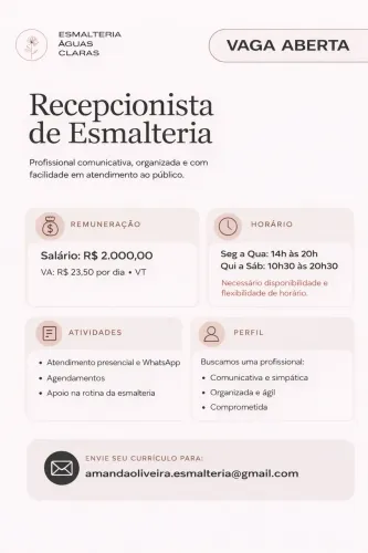 Oportunidade de recepcionista R$ 2.000,00