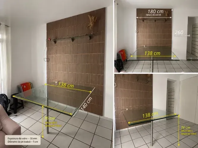 Mesa de Jantar quadrada de vidro com Painel de madeira