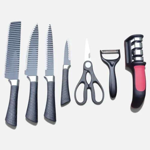 Kit Facas De Cozinha Aço Inox Antiaderente 7 Peças Com Amolador Afiador Tesoura Churrasco