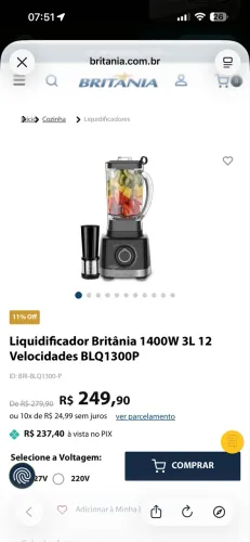 Liquidificador Britânia 1400W 3L 12 Velocidades BLQ1300P