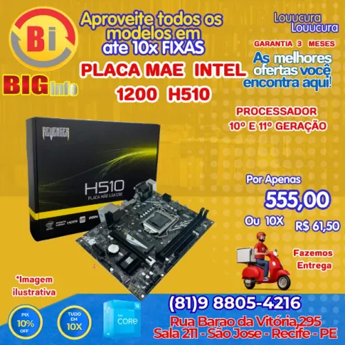 Placa Mae Lga1200 Chipset Intel H510 Ddr4 10º E 11º Geração - Em ate 10x Fixas
