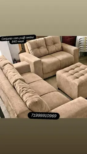 Conjunto 3 e 2 lugar com almofadas e pulf centro cores diversas 840 reais