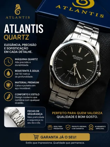 Relógio Atlantis Masculino Original Aço Inox Preto Luxo Premium