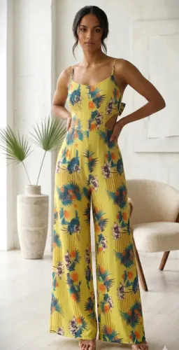 Macacão Pantalona Floral Amarelo  Recortes Laterais e Amarração (Tam 40/42)
