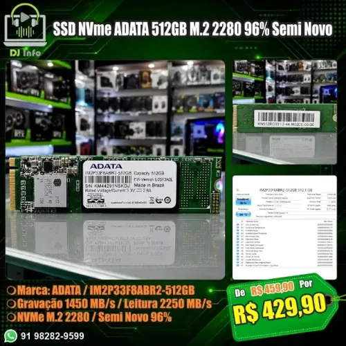 SSD NVme ADATA 512GB M.2 2280 96% Semi Novo