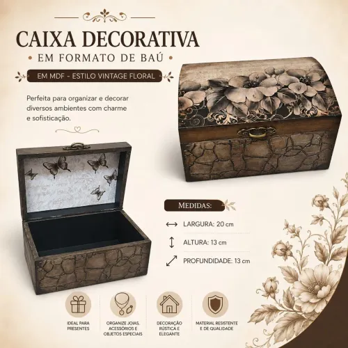 Caixa Baú Preto Floral - MDF