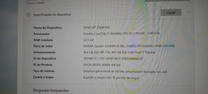 Notebook dell i7 usado precission gamer