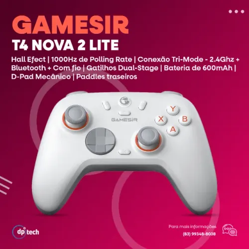 Controle GameSir Nova 2 Lite | Tri-Mode | 1000Hz | Hall Effect | Branco -Entrega Grátis-