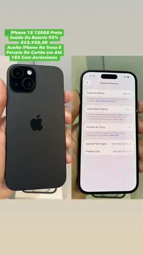 iPhone 15 128GB Preto ( Saúde Da Bateria 92% ) Aparelho Usado
