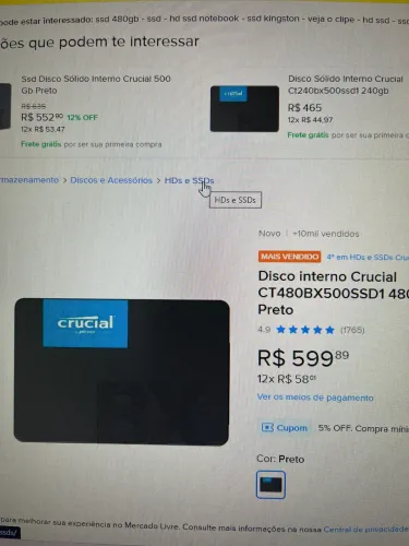 Sdd crucial bx500 480gb(preço negociável)