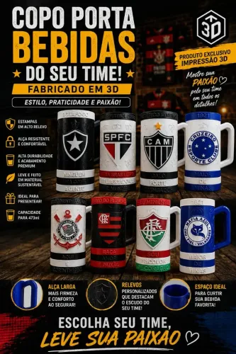 CANECA PORTA-LATÃO BEBIDAS PERSONALIZADA COM NOME, TIMES DE FUTEBOL EM 3D