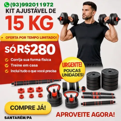 Kit Halteres 6 em 1 Multifuncional Ajustável, 15kg, Barra e Kettlebell